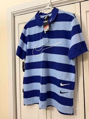 Nike Polo Striped Shirt Mens Large Blue/Light BlueStriped Short Sleeve Cotton